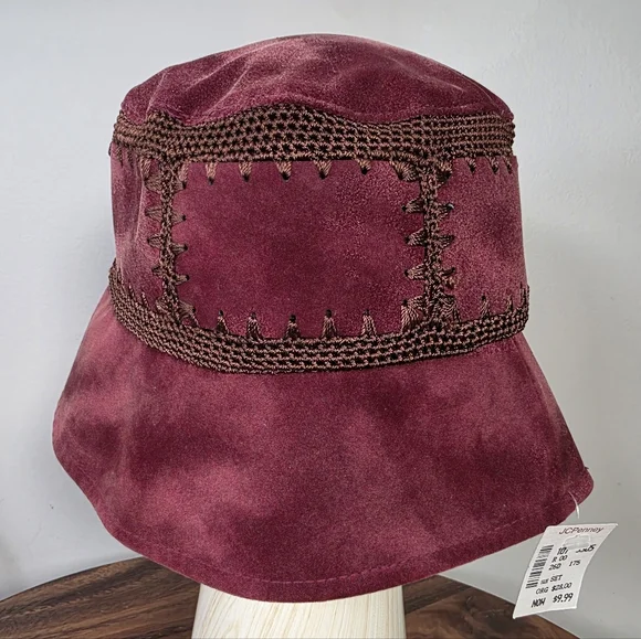 Vintage JCPenney Women’s Embroidered Burgundy Bucket Hat One Size Boho Cottage - Picture 7 of 15